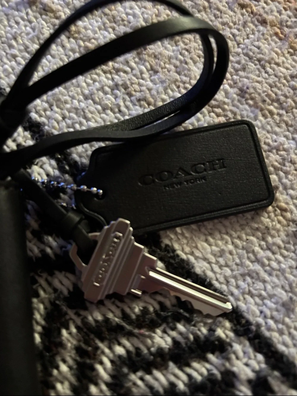 Coach Black Leather Card Holder with Key charm and hang tag on Loop